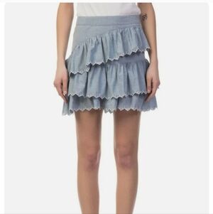 Ulla Johnson Ella Tiered Embroidered Cotton Poplin Mini Skirt Blue/White Size 8